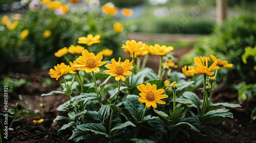 Bright yellow flowers blooming in a garden bed during the summer season