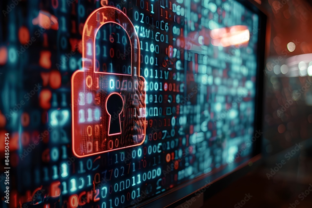 Digital padlock symbol with abstract binary code background on computer screen. Futuristic cybersecurity and data protection concept. Business data privacy. Internet network security technology. 