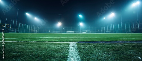 Soccer field grassy expanse marked with white lines for gameplay, lit up at night by powerful lights, setting the stage for thrilling matches and active sportsmanship