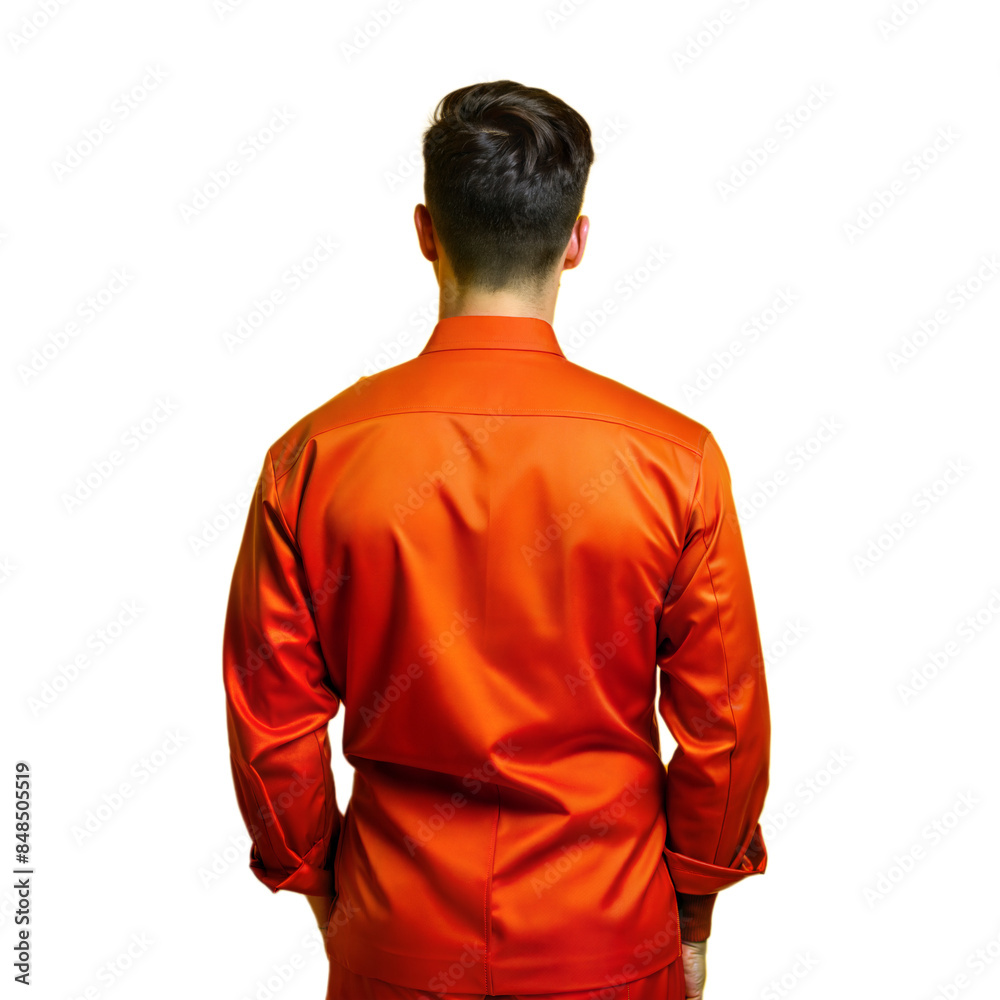 Back view of person in orange outfit on transparent background Back view of person in orange outfit on transparent background