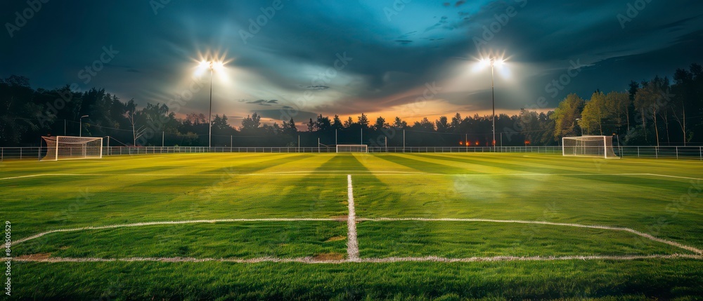 Soccer field grassy expanse marked with white lines for gameplay, lit up at night by powerful lights, setting the stage for thrilling matches and active sportsmanship
