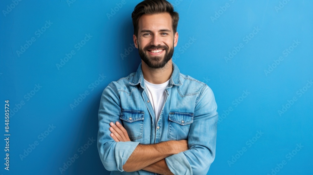 A man smiles confidently with arms crossed against a bright blue background A man smiles confidently with arms crossed against a bright blue background