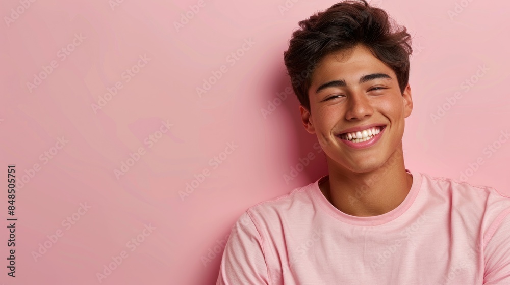 A young man smiles brightly against a pink background A young man smiles brightly against a pink background