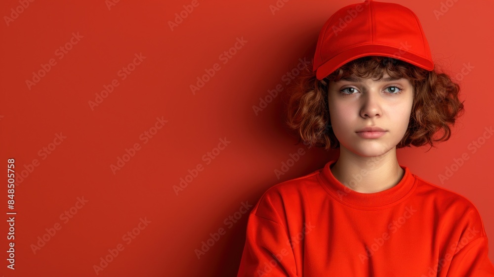 Young woman with red hat and sweatshirt gazes thoughtfully into camera against bright red background