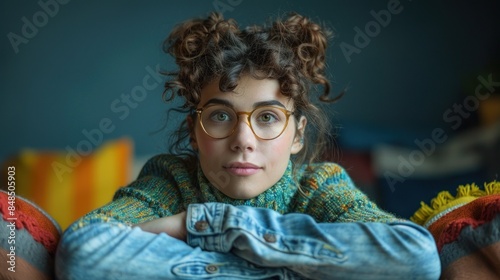 A young woman with curly hair, wearing glasses, sits on a couch, looking thoughtfully at the camera © Tetiana