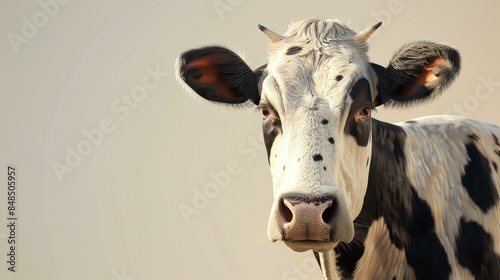 Close-up of a cow's face. The cow is looking at the camera with a curious expression. The cow's fur is black and white, and its eyes are brown. photo