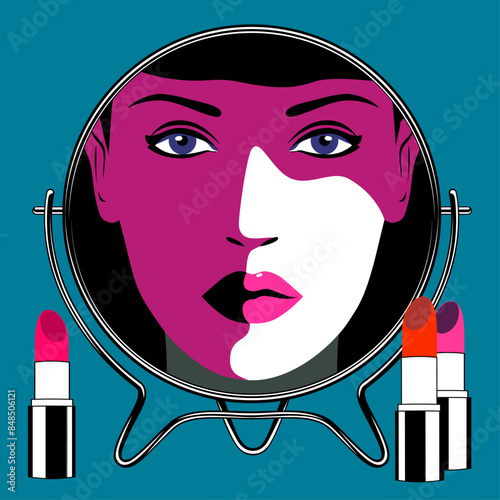 Beautiful girl reflected in the mirror. Theme of beauty, makeup, cosmetics, facial care. Vector illustration in minimalist style. photo