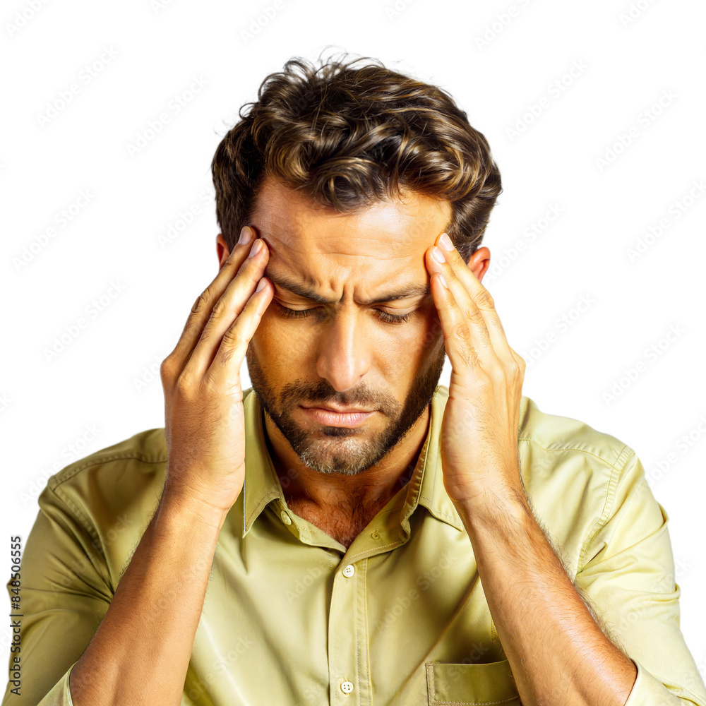Stressed man with headache on transparent background Stressed man with headache on transparent background