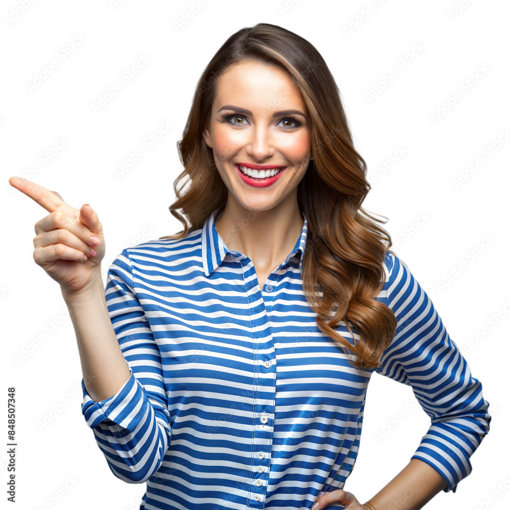 Smiling woman pointing sideways on transparent background Smiling woman pointing sideways on transparent background