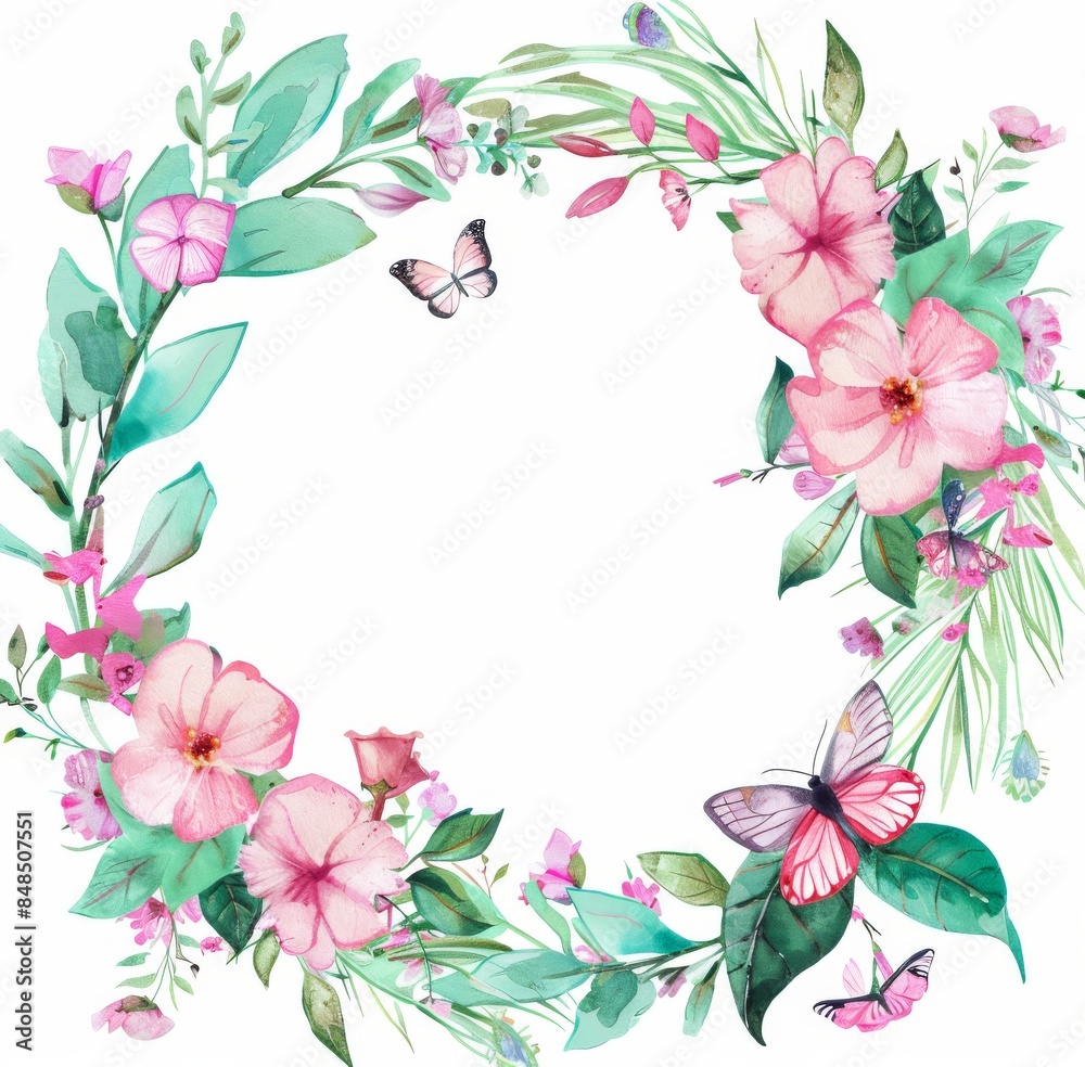 Watercolor spring wreath with flowers and butterfly Watercolor spring wreath with flowers and butterfly