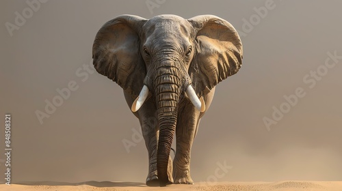 majestic elephant walking in the middle of the desert, looking at the camera with a serious look, the background is blurred photo