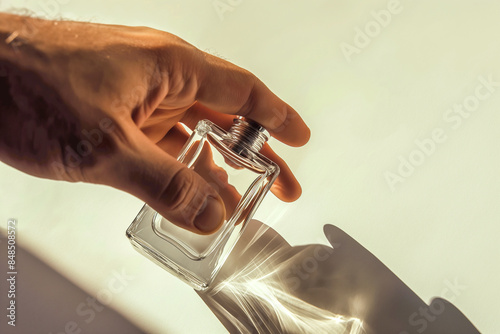 A man is holding a bottle of cologne in his hand
