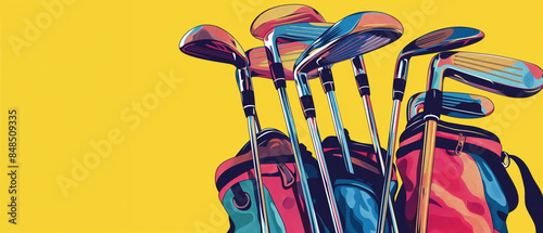 Golf Bags And Clubs Placed Against A Bright Yellow Background, Featuring Colorful Design