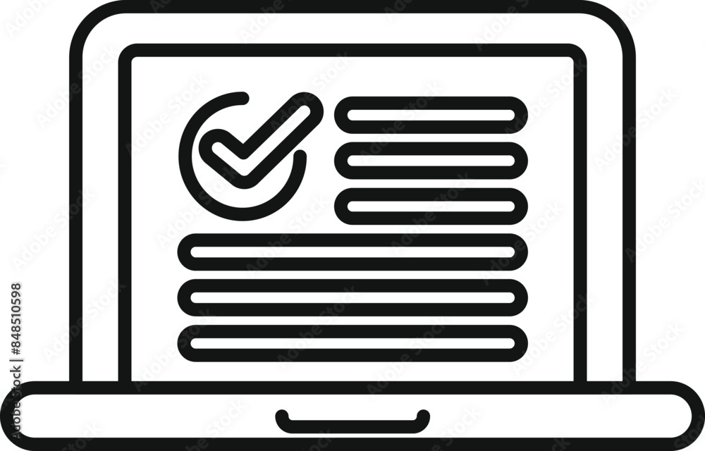 Simple icon of a laptop displaying a completed online survey form with a checkmark, representing successful submission Simple icon of a laptop displaying a completed online survey form with a checkmark, representing successful submission