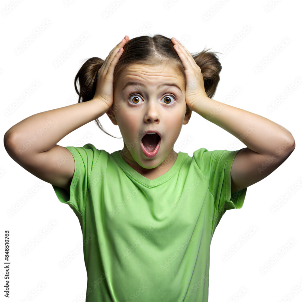Surprised young girl with hands on head on transparent background Surprised young girl with hands on head on transparent background