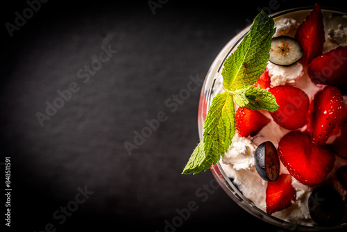 Dessert of strawberries, mascarone cream and whipped cream, with blueberries and mint on a black background. A place to copy a space photo