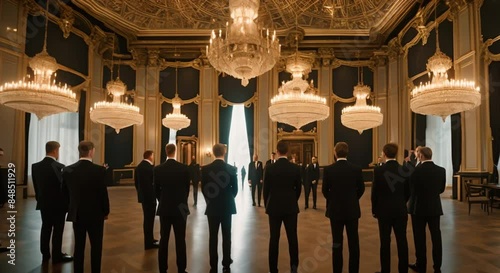 In a grand, dimly lit hall, people covered in sleek, black suits stand in a circle. Mysterious symbols of the Illuminati and Freemasons glow faintly on the walls. A large, ornate chandelier casts eeri photo