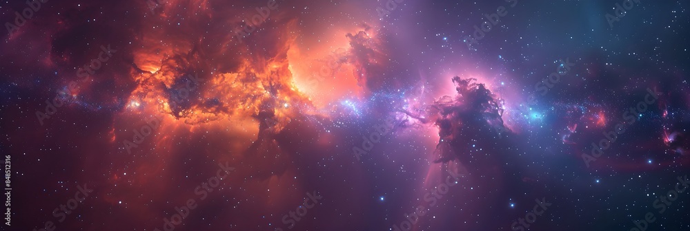 Naklejka premium Big Bang colorful space galaxy fog cloud nebula. Universe science astronomy and stary night cosmos mockup background. Supernova concept wallpaper