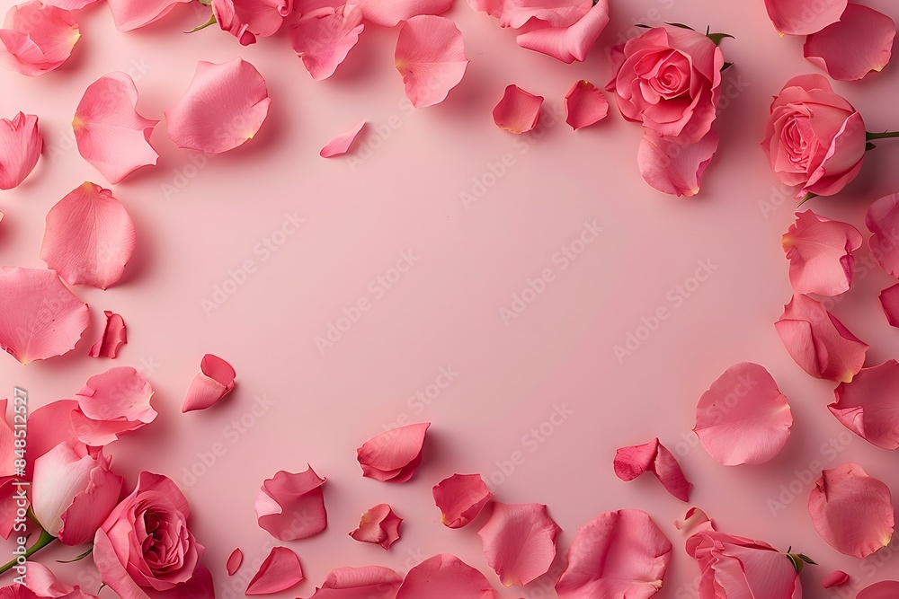 Pink rose petals on pink background. Flat lay composition with copy space. Valentine's Day and romantic design Pink rose petals on pink background. Flat lay composition with copy space. Valentine's Day and romantic design