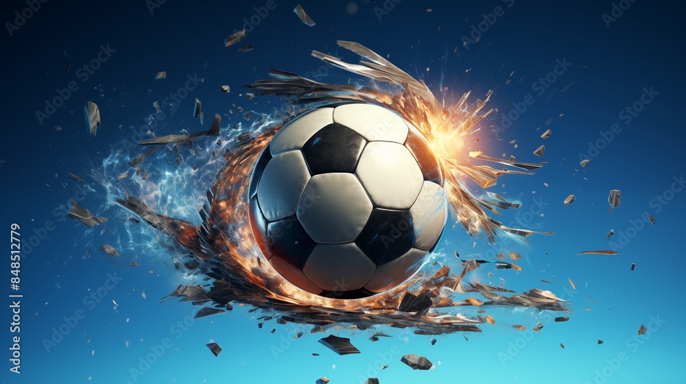 Fototapeta premium Dynamic, Explosive Artwork of a Soccer Ball Mid-Impact with Flames and Shattered Pieces Against a Blue Background