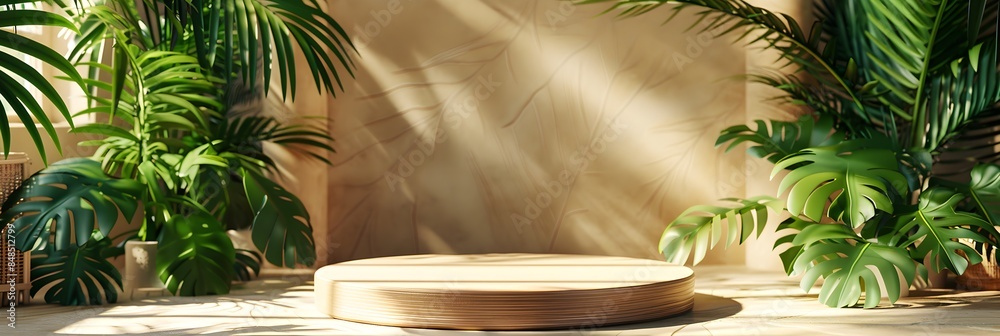 Empty stylish beach podium 3D mockup background for beauty product presentation concept. Summer copy space platform surrounded by palm leaves . Cosmetics, perfume or home goods sales advertising Empty stylish beach podium 3D mockup background for beauty product presentation concept. Summer copy space platform surrounded by palm leaves . Cosmetics, perfume or home goods sales advertising