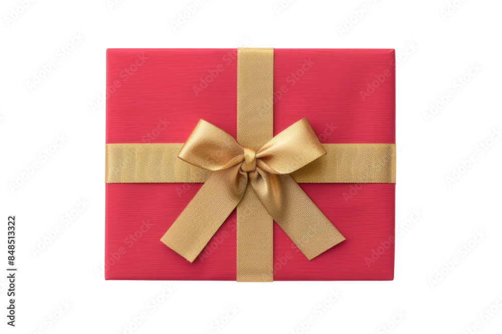 Red gift box PNG with golden ribbon and bow isolated on white background