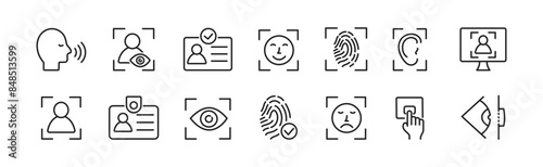 ID icon set. Set of Identity line icons. Document, verification, id card, fingerprint, face, eye scan, sound. Vector