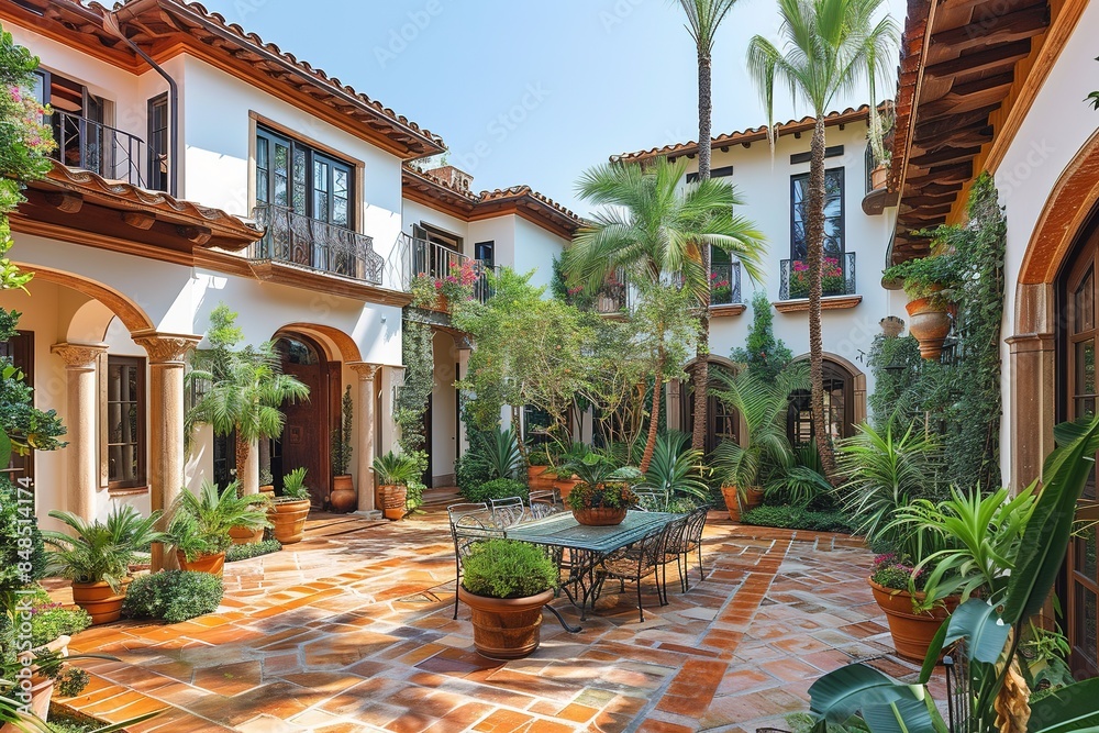 Fototapeta premium Mediterranean-inspired outdoor courtyard with tiled floors and wrought iron accents