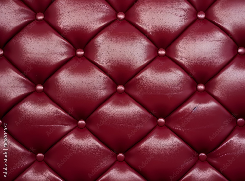 A close-up view of a luxurious red leather upholstery with decorative studs. A close-up view of a luxurious red leather upholstery with decorative studs.