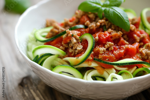 Fresh Zucchini Noodles with Tomato Meat Sauce is a lowcarb meal made with fresh ingredients. Healthy eating photo