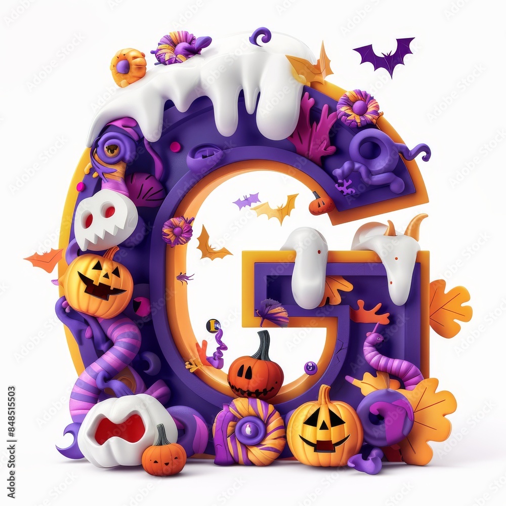 Fototapeta premium Halloween letter G with pumpkins and ghost. Autumn Halloween letter G with pumpkins. 