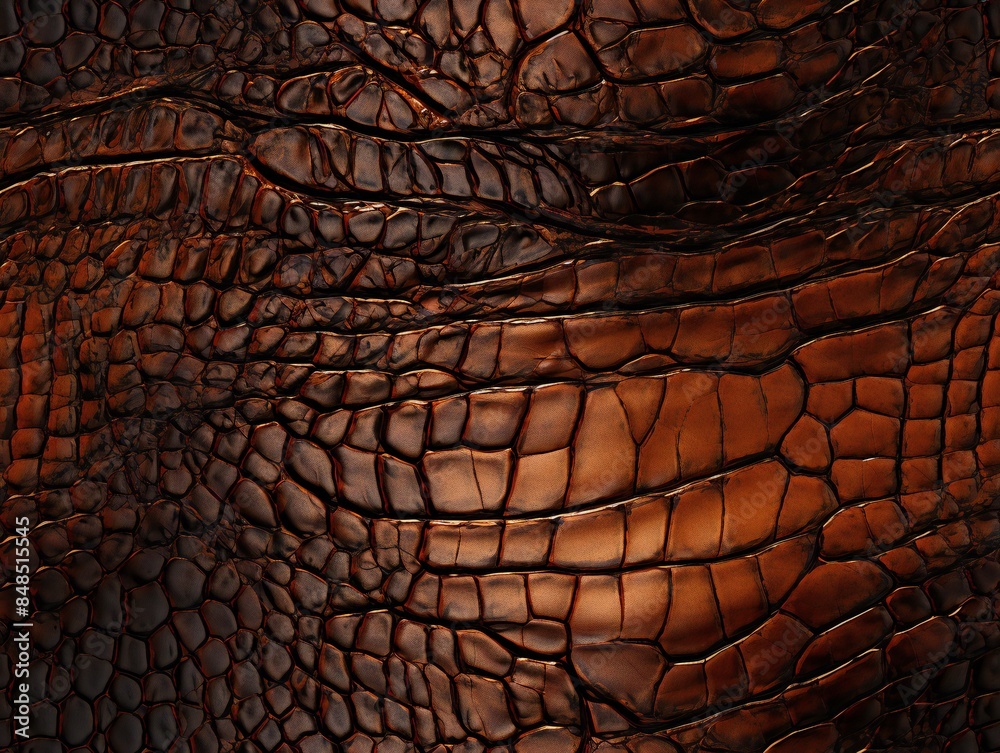 Close-up view of brown crocodile leather with a textured, scaled pattern. Close-up view of brown crocodile leather with a textured, scaled pattern.