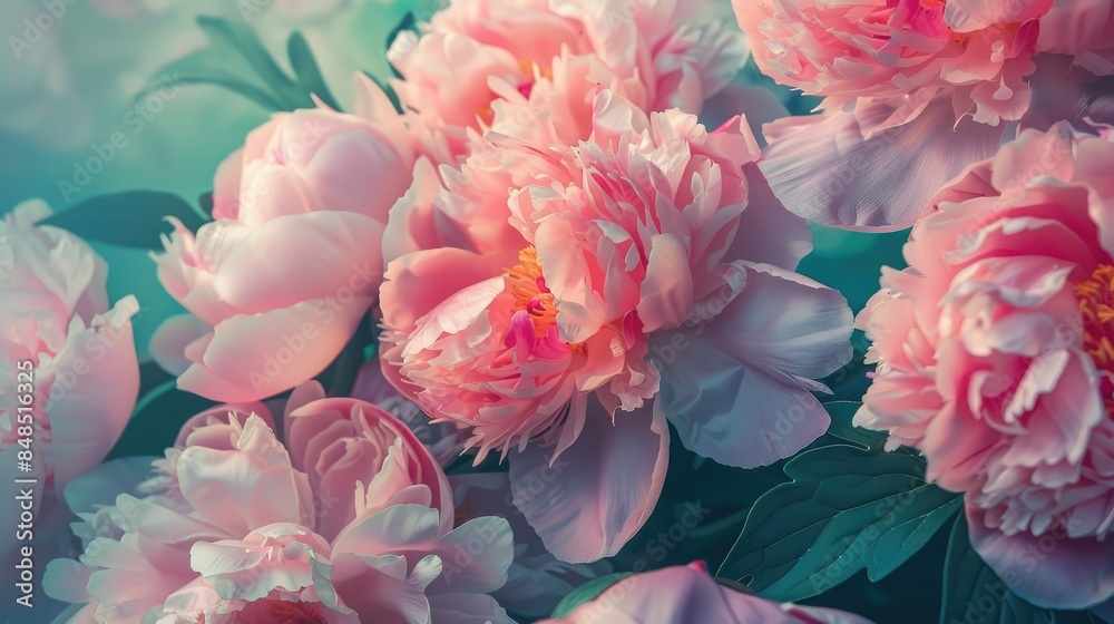 Macro shot of peony pink flowers with mint green leaves Macro shot of peony pink flowers with mint green leaves