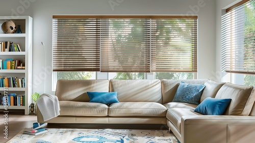 A contemporary living room with beige leather sofa, white bookshelf, a large rectangular window with wooden blinds, and blue accent pillows