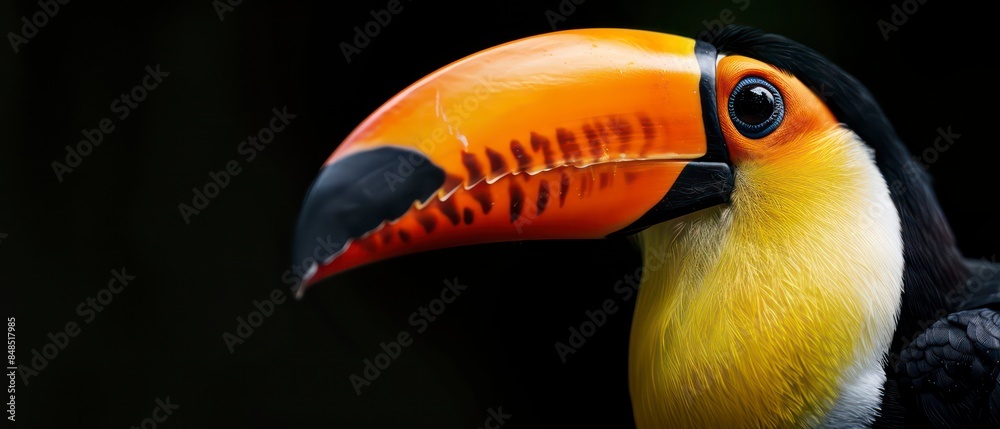 Naklejka premium Exotic bird with vibrant plumage and a distinctive oversized beak, native to tropical forests, especially in Brazil