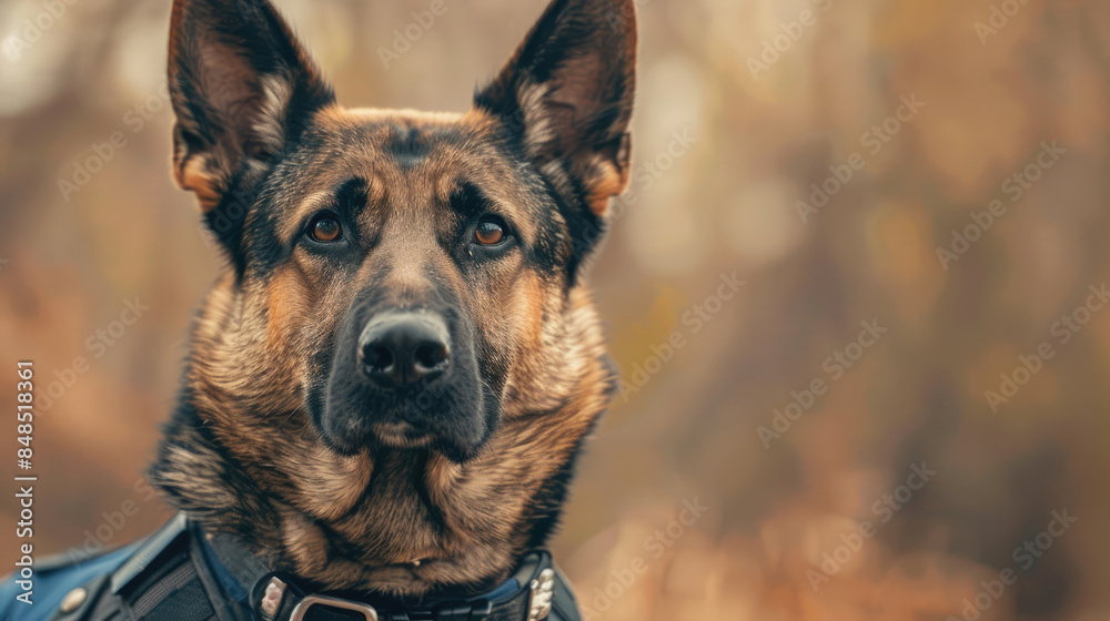 A dog in a police uniform with a badge on his collar. A dog in a police uniform with a badge on his collar.