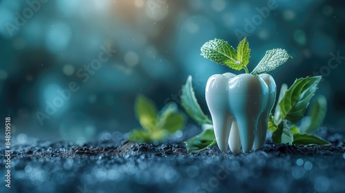 Futuristic Polygonal Tooth with Mint Leaf - Symbolizing Oral Cleanliness and Freshness photo