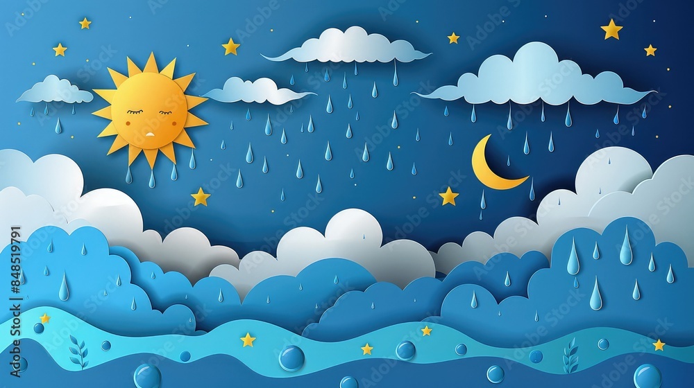 Paper Cut Cartoon Weather Icons: A Modern Illustration of Sun, Clouds, Rain, Lightning, Thunder, and Moon on a Blue Sky Background Paper Cut Cartoon Weather Icons: A Modern Illustration of Sun, Clouds, Rain, Lightning, Thunder, and Moon on a Blue Sky Background