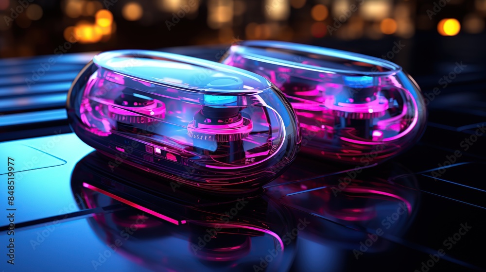 Realistic 3d render of a earphones. Neon LED accent lights Realistic 3d render of a earphones. Neon LED accent lights