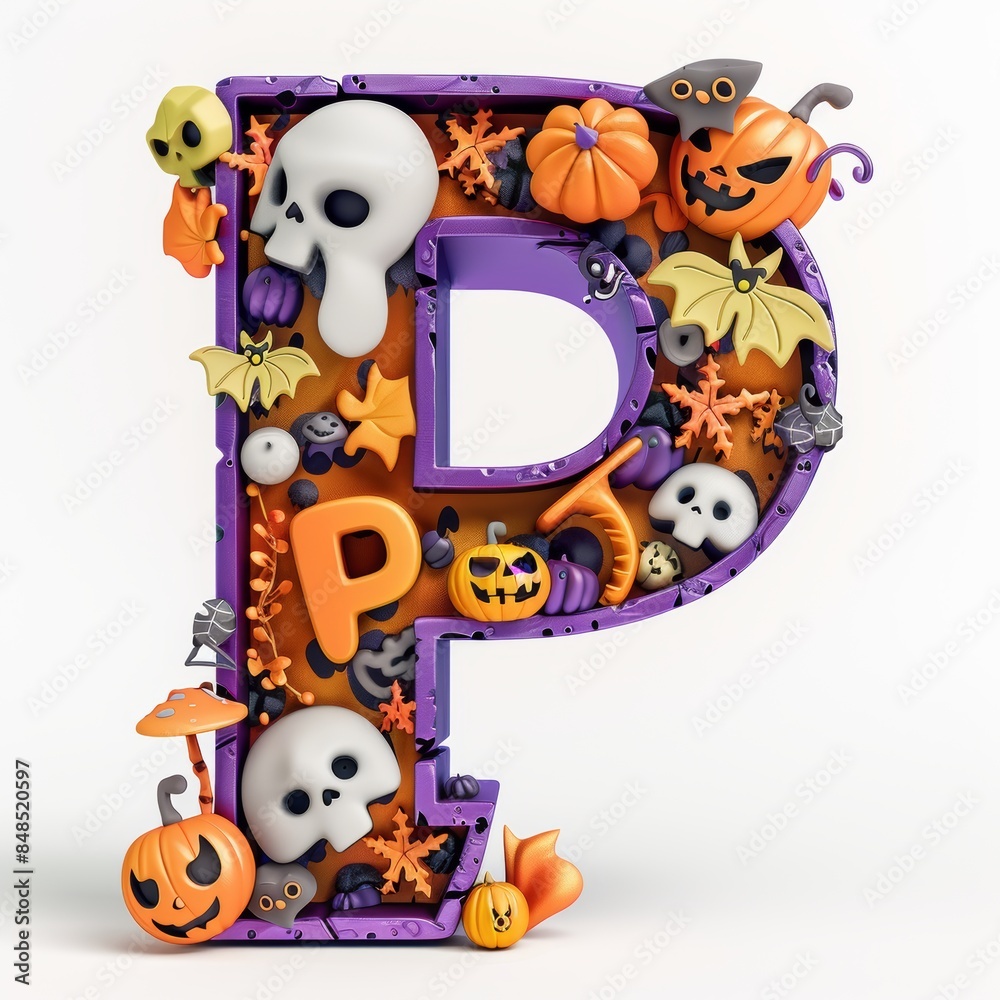 Fototapeta premium Halloween letter P with pumpkins and ghost. Autumn Halloween letter P with pumpkins.