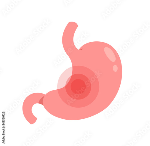Stomach with red point of pain. Digestive internal organ. Concept of stomachache, illness, medicine, gastric disease, digestive system. Flat vector illustration.