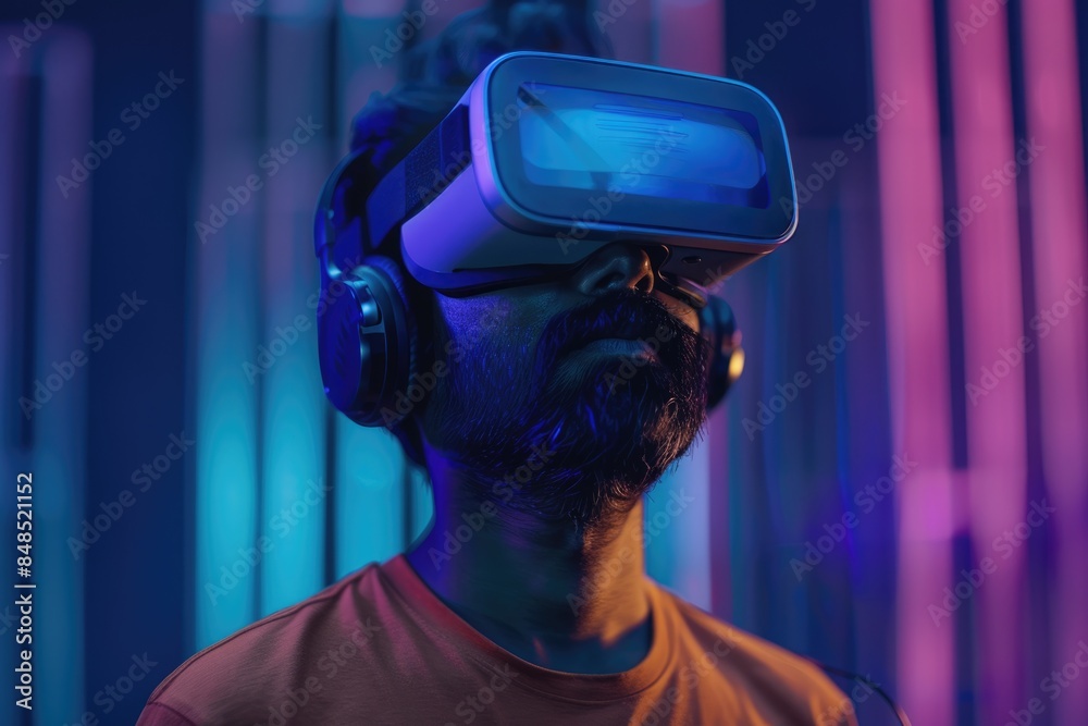 South Asian man in VR world exploring immersive social media. South Asian man in VR world exploring immersive social media.