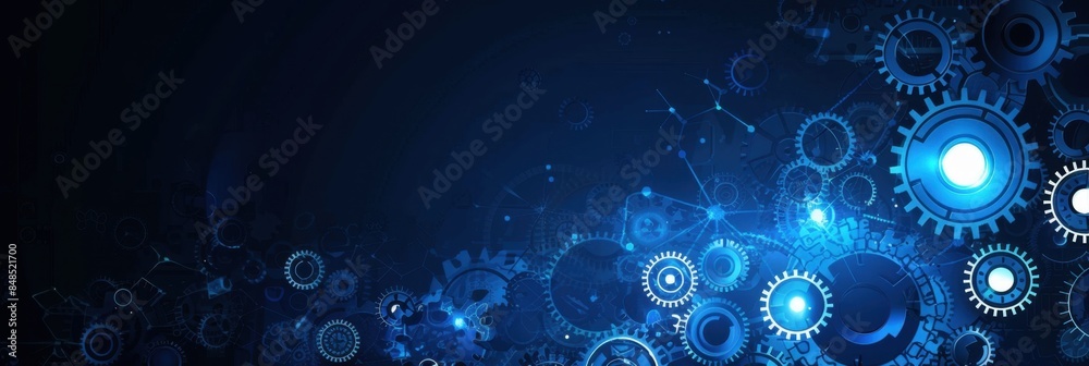 Abstract blue digital technology background with gears and cogs, dark blue banner for web design Generative AI