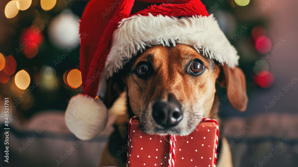 A dog in a Santa Claus hat with a gift in his mouth. Funny Christmas dog A dog in a Santa Claus hat with a gift in his mouth. Funny Christmas dog