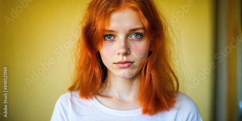 Young adult ginger woman studio portrait. Close up. 