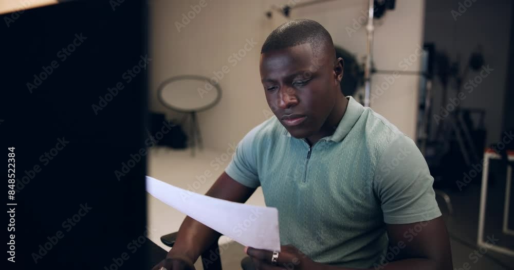 Black man, photographer and reading with documents for production, budget or expenses at studio. Young African, male person or producer checking paperwork for bills, finance or script at workplace