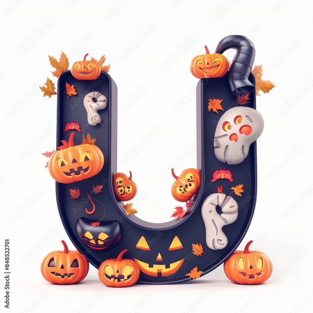 Fototapeta premium Halloween letter U with pumpkins and ghost. Autumn Halloween letter U with pumpkins. 