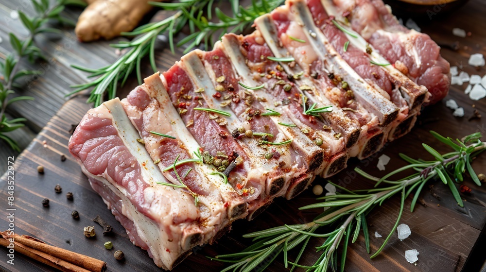 Raw meat on the bone with spice and fresh rosemary. Generative Ai Raw meat on the bone with spice and fresh rosemary. Generative Ai