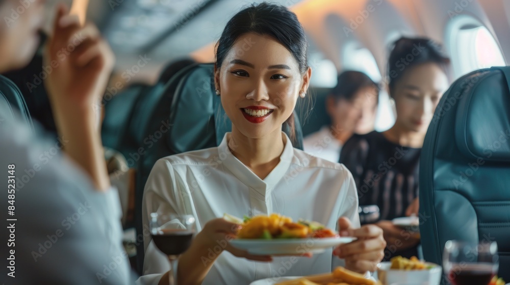Friendly Asian female flight attendant serving food drink and talking to passengers on an airplane Friendly Asian female flight attendant serving food drink and talking to passengers on an airplane