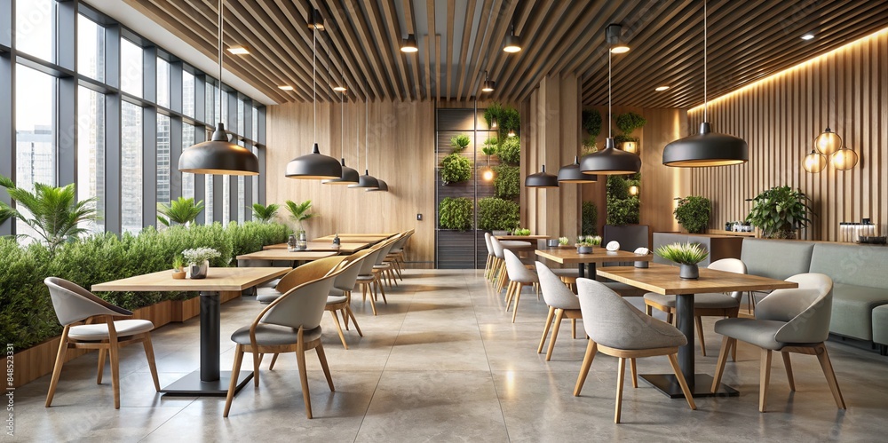 Fototapeta premium Modern Minimalist Restaurant Interior with Wooden Furnishings and Greenery